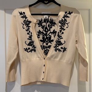 White House Black Market Beige Cardigan with Black Embroidery